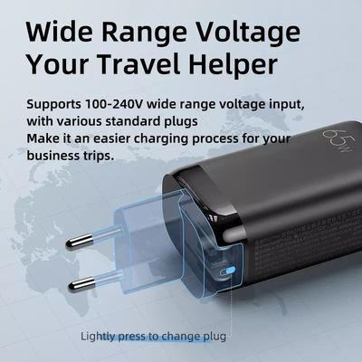 65W USB Tipo C GAN Carregador de parede EU Plug para carregamento rápido de laptops e telefones portáteis