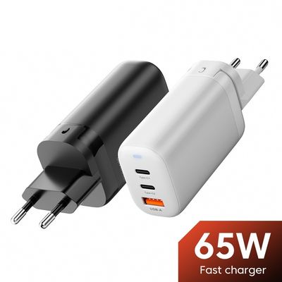 Adaptador de viagem USB tipo-c de 3 portas de 65W GaN para carregamento de alta velocidade de vários dispositivos