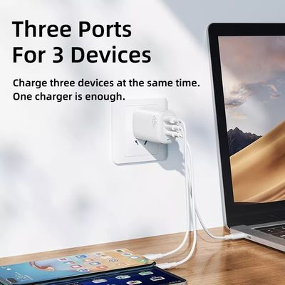 Adaptador de viagem USB tipo-c de 3 portas de 65W GaN para carregamento de alta velocidade de vários dispositivos